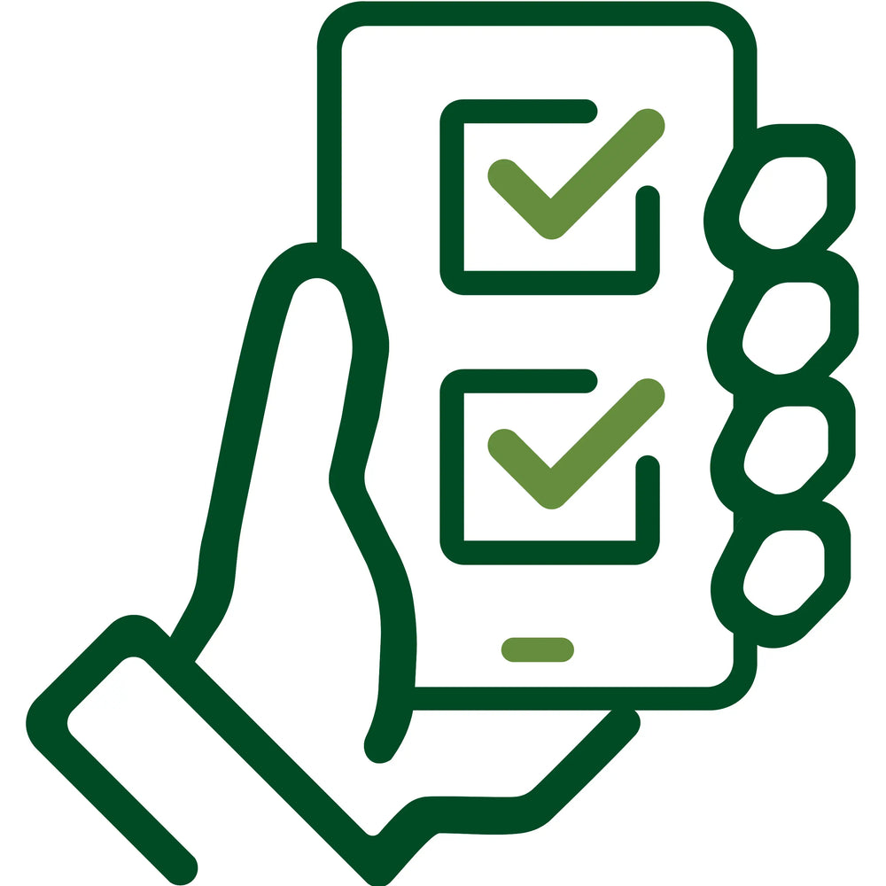 Vector graphic of a hand holding a phone, with a couple of tick boxes on screen